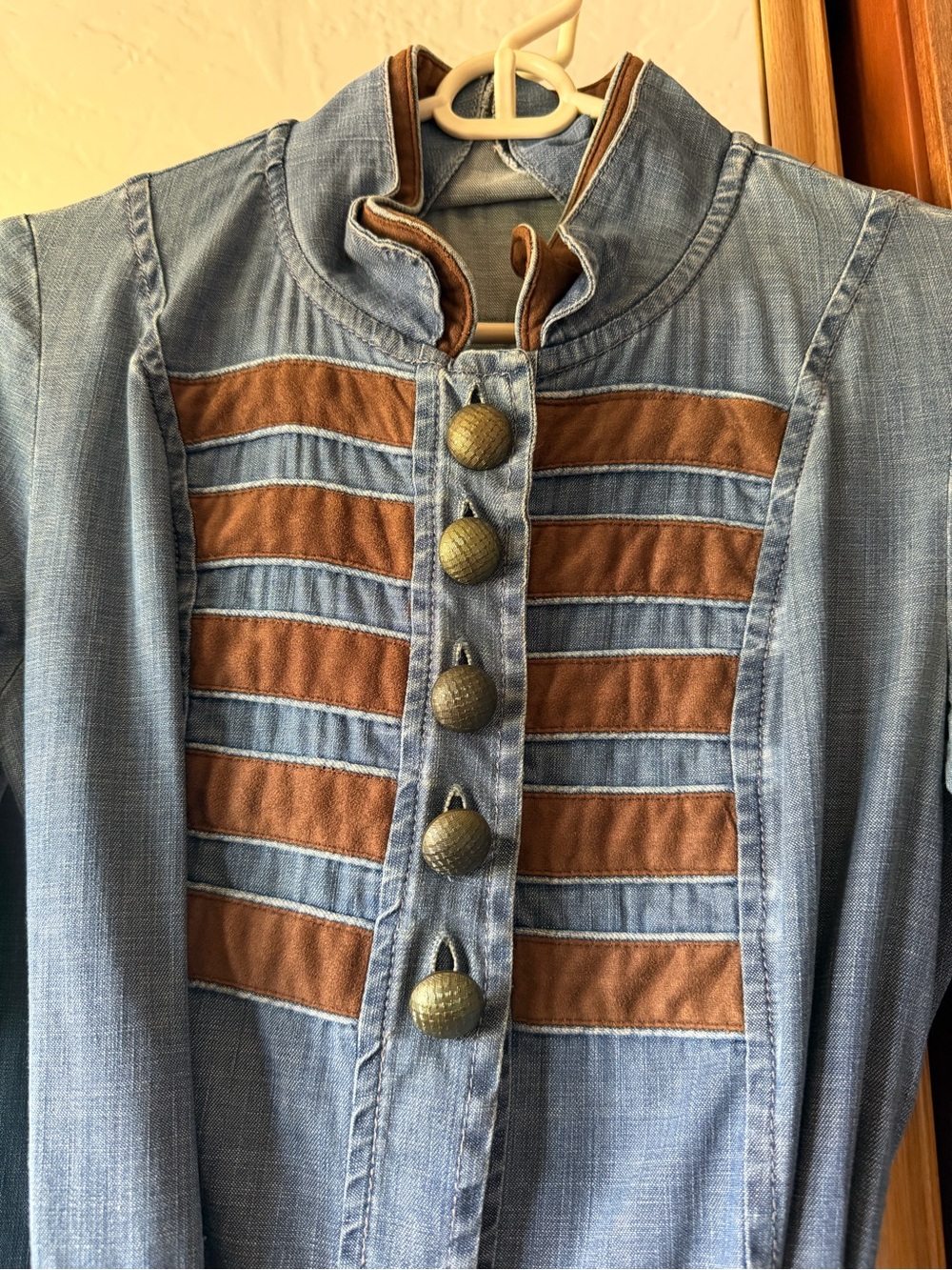 Denim Button Front Dress with Brown Trim - Picture 3 of 4
